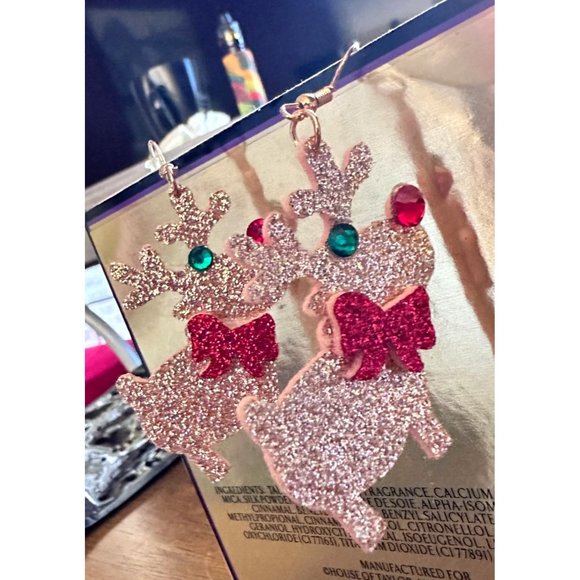 Rudolph Reindeer Earrings Handmade Christmas Whimsical Hooks Glitter Acc… - Picture 6 of 12